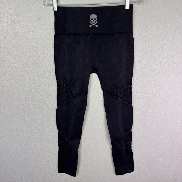 Soul Cycle Leggings Womens Medium Skull Moto Cutout Biker Athletic Faded Black M - Picture 5 of 11